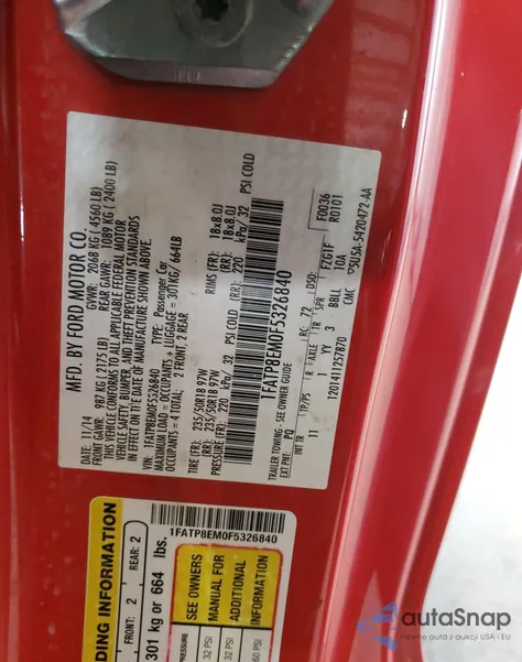 2015 Ford Mustang z USA, uszkodzony, nr VIN 1FATP8EM0F5326840